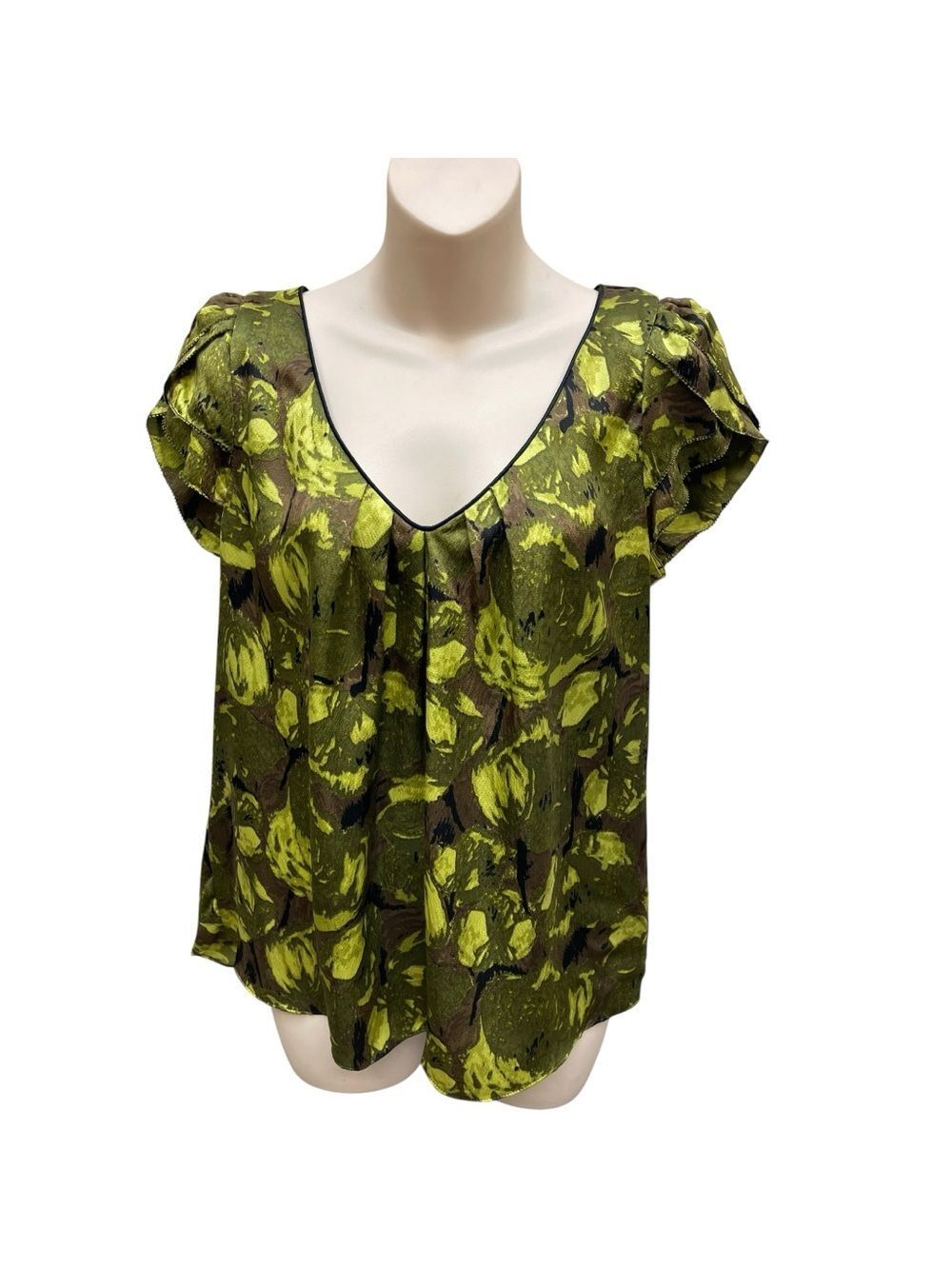 Kenar 100% Silk Green Abstract Print Flutter Sleeve Blouse Medium